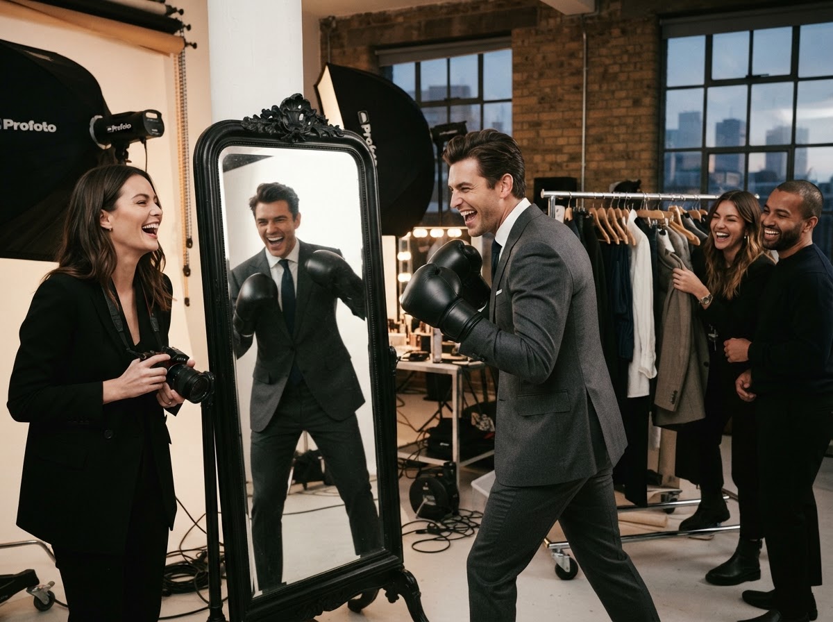 Model in peak lapel suit pretending to box with his reflection in a full-length mirror