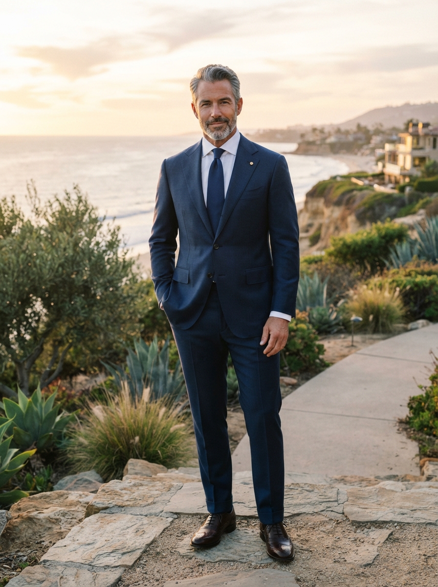 John Bradley Solid Navy Essential - A perfectly fitted solid deep navy bespoke suit — clean lines, impeccable drape, and the foundation of every successful man's wardrobe. Two-button closure, notch lapels, crisp white shirt.
