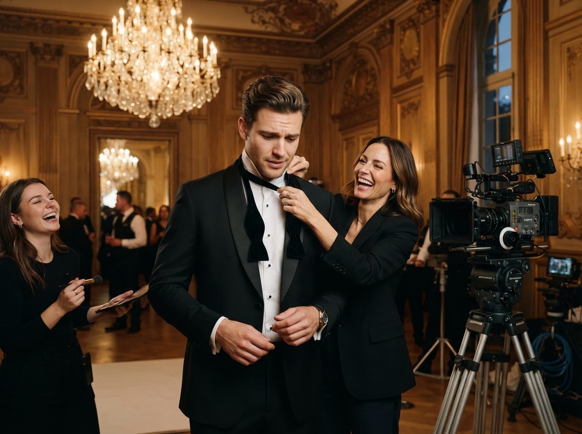 Model in black tuxedo with bow tie undone looking down confused