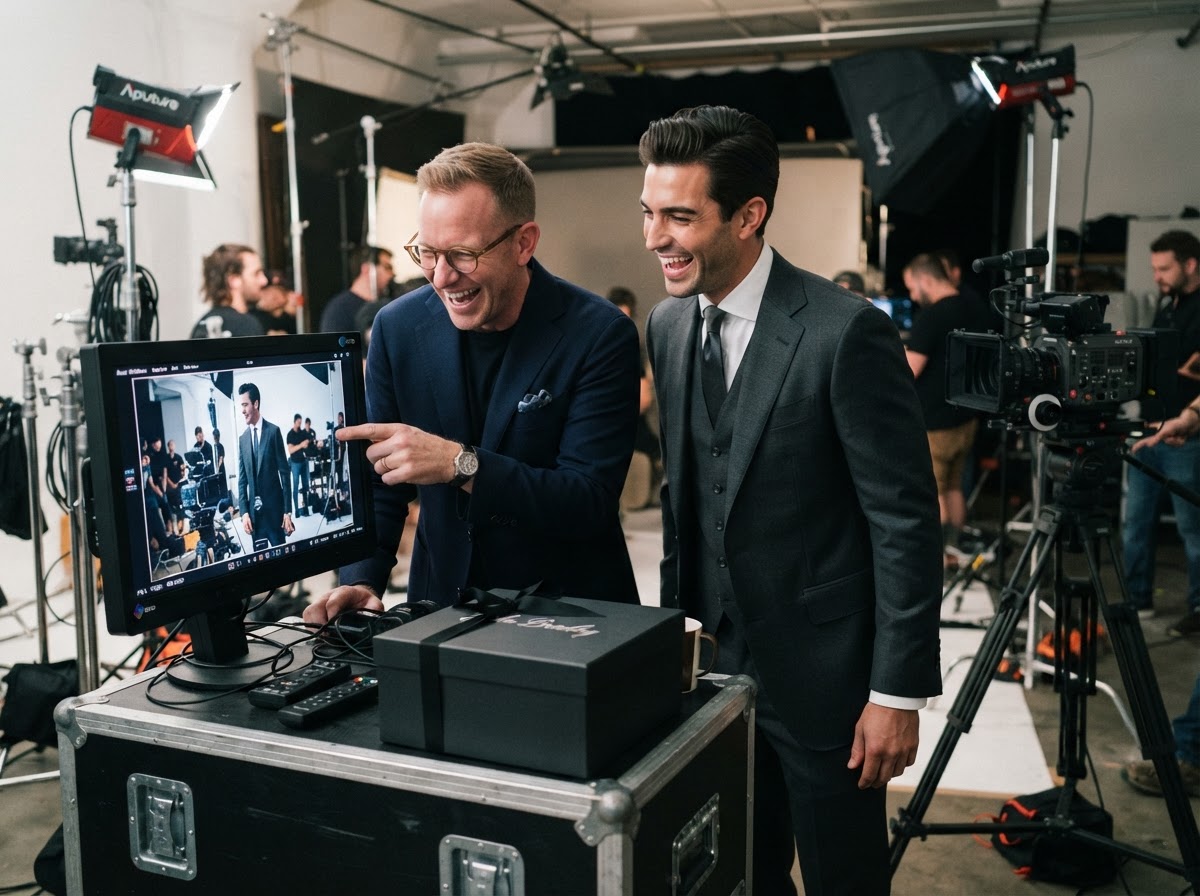 Brad Otto and male model laughing hysterically at playback monitor next to a John Bradley custom box