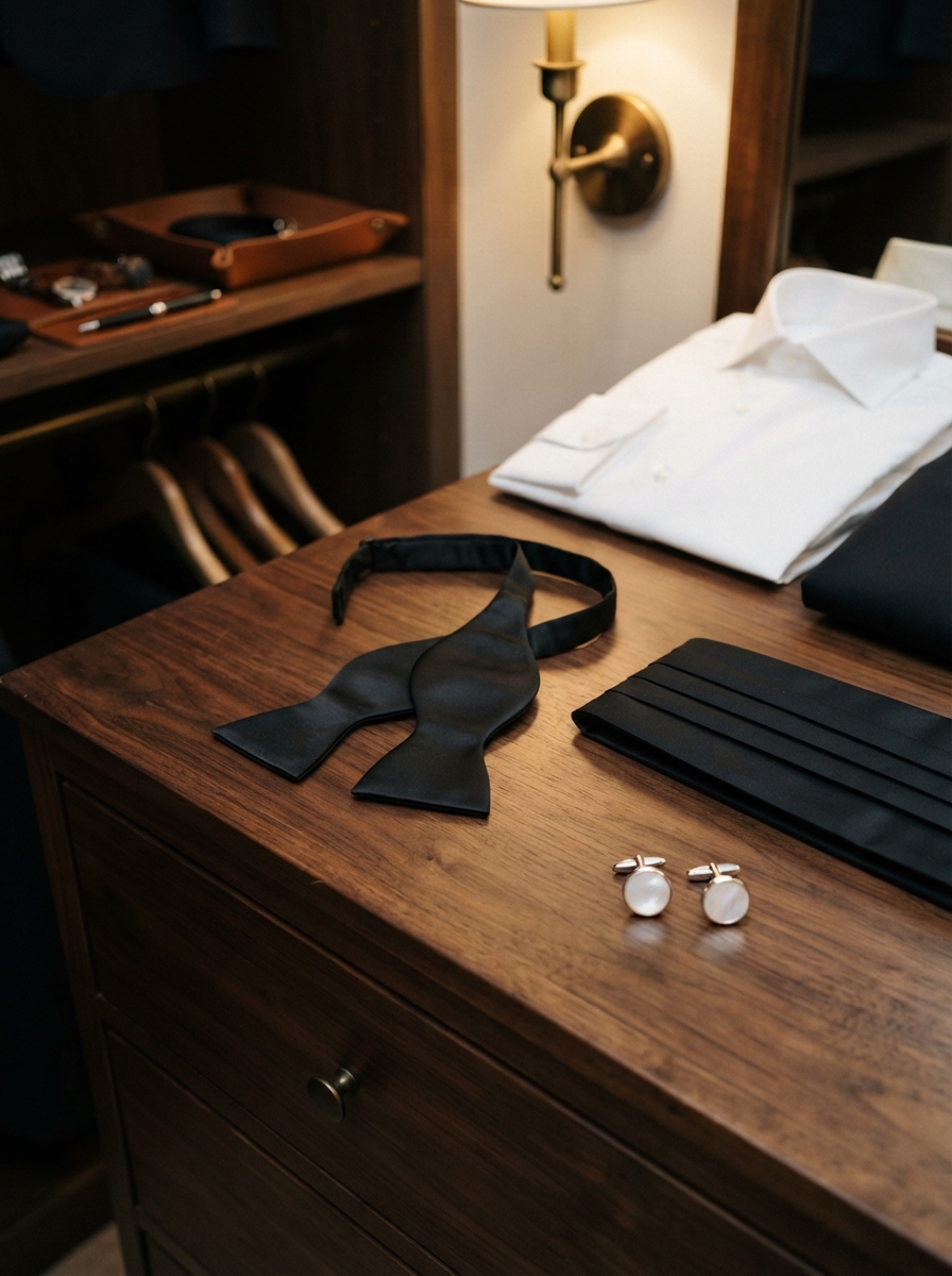 Self-tied black satin bow tie, pleated silk cummerbund, and pearl cufflinks laid on a dark wood dresser in a private walk-in closet
