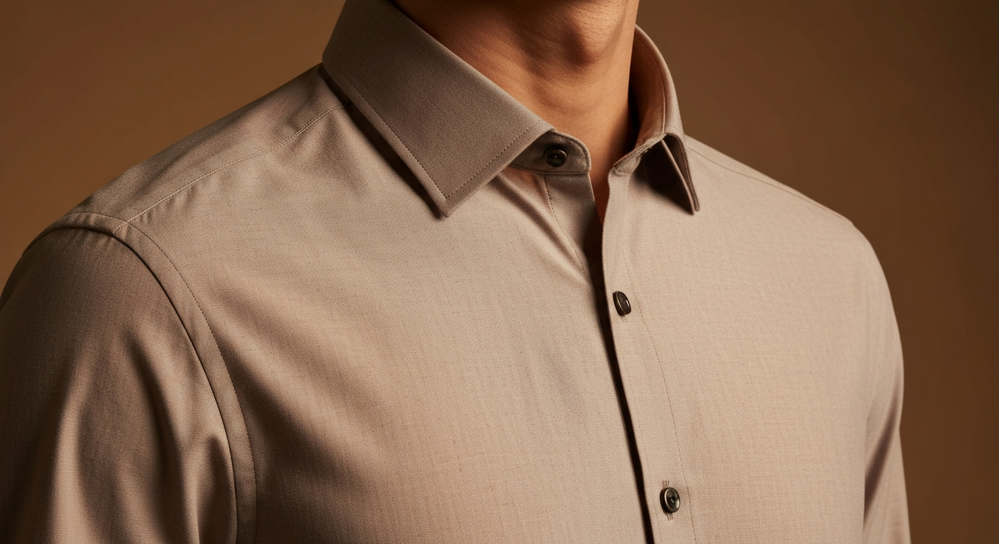 Editorial close-up showing custom shirt collar, cuff, and premium fabric
