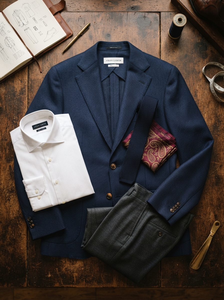A capsule wardrobe flat-lay — navy blazer, white shirt, knit tie, and trousers arranged on a dark wood surface