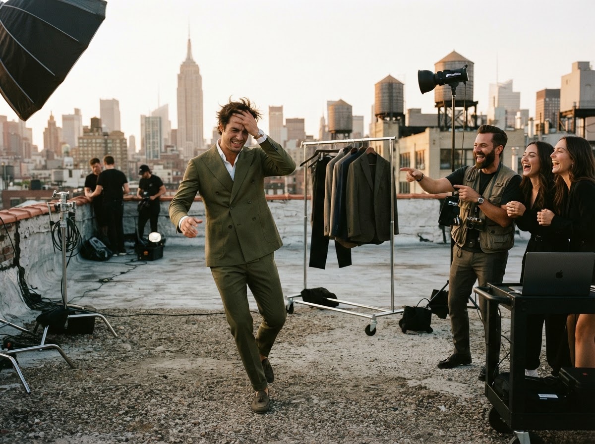 Model in double-breasted suit dizzy and wobbling after a dramatic turn