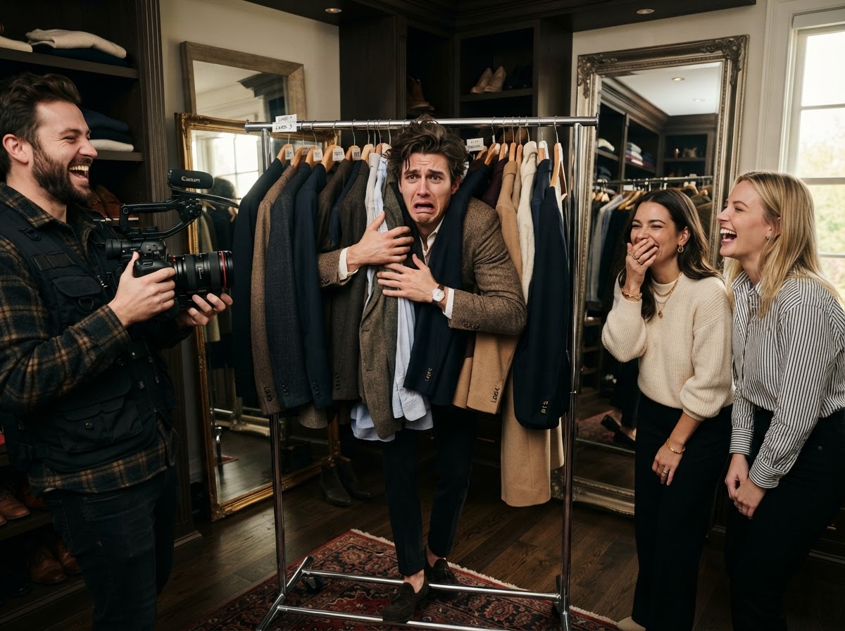 Model in tweed jacket pretending to be trapped inside a clothing rack like a cage