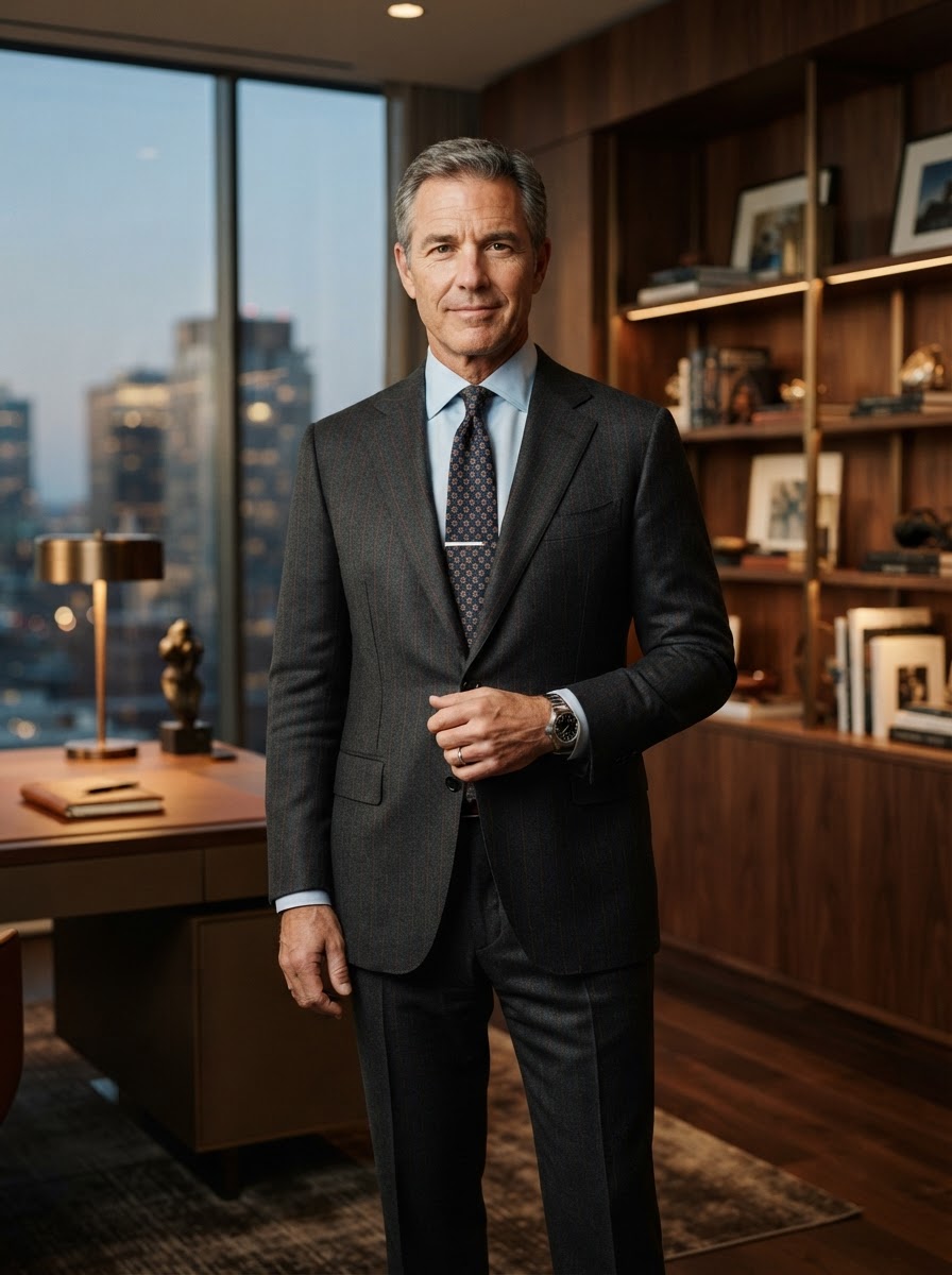 John Bradley Charcoal Red Pinstripe - A charcoal suit accented by fine red pinstripes — a distinguished choice for the executive who appreciates subtle detail.