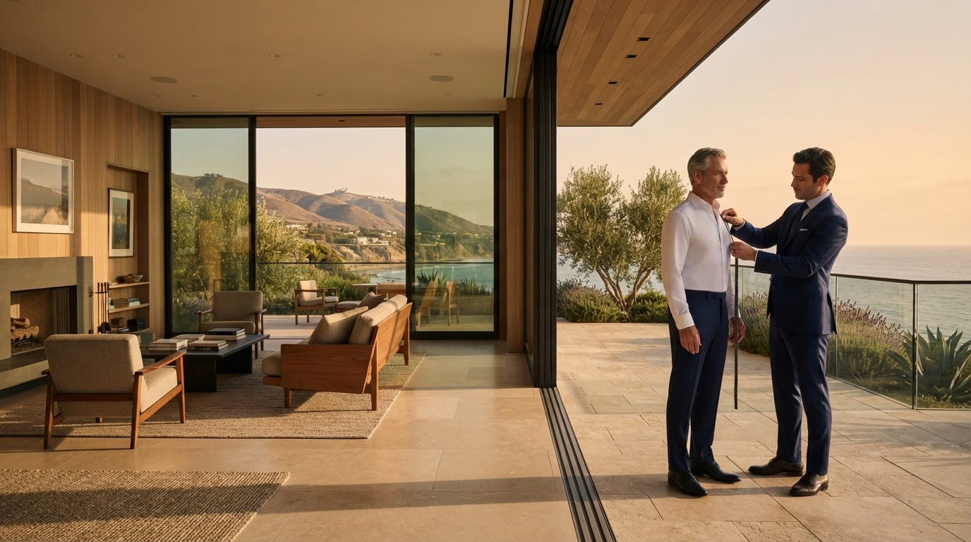 Private custom-clothing fitting in a Southern California coastal residence