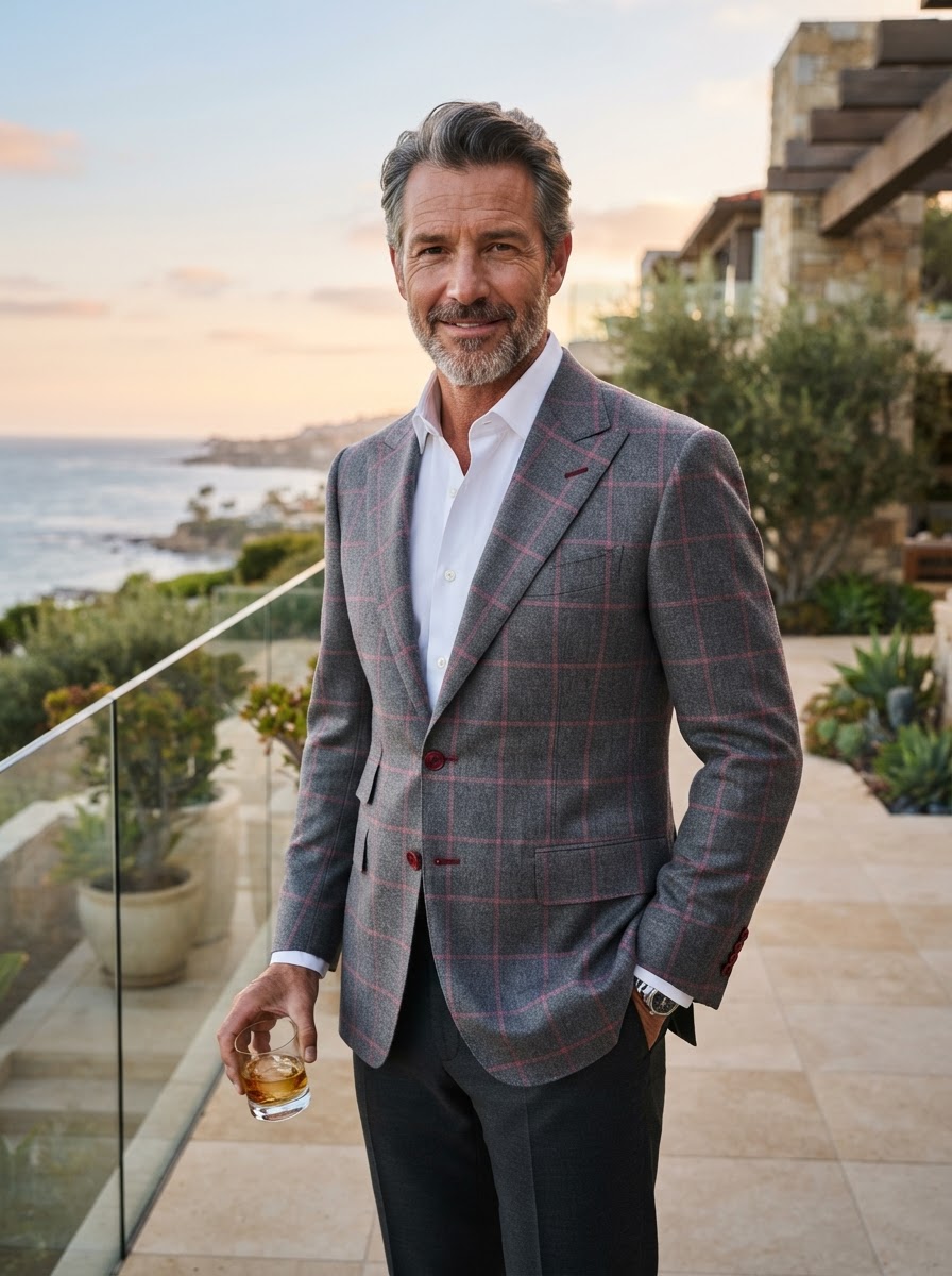 John Bradley Grey Red Windowpane - A tailored grey suit with a striking red windowpane check pattern and signature red buttons — a distinguished choice that balances classic structure with expressive detail.