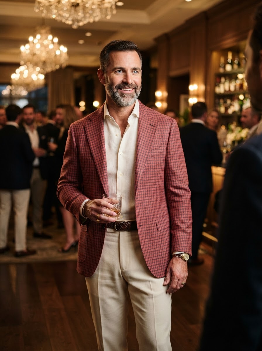 John Bradley Coral Check Statement - A bold coral-red check sport coat for the confident dresser — a conversation piece that never sacrifices sophistication.