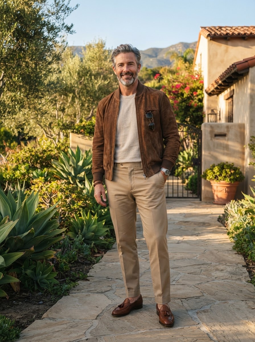 A man wearing a custom brown suede bomber jacket and tailored khaki trousers in a relaxed Southern California weekend setting