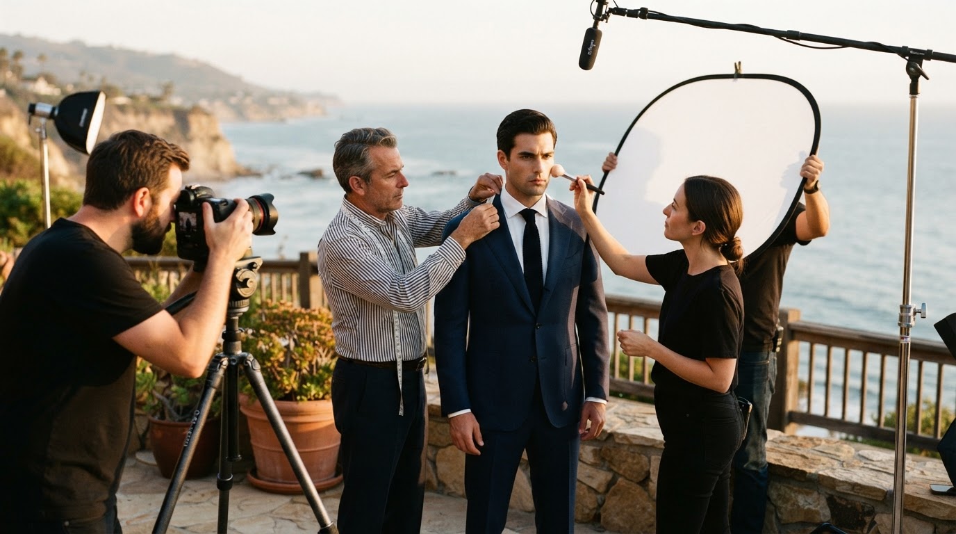 Brad Otto adjusting a model's lapel on a sunlit coastal terrace while photographer, makeup artist, and lighting assistant work around them
