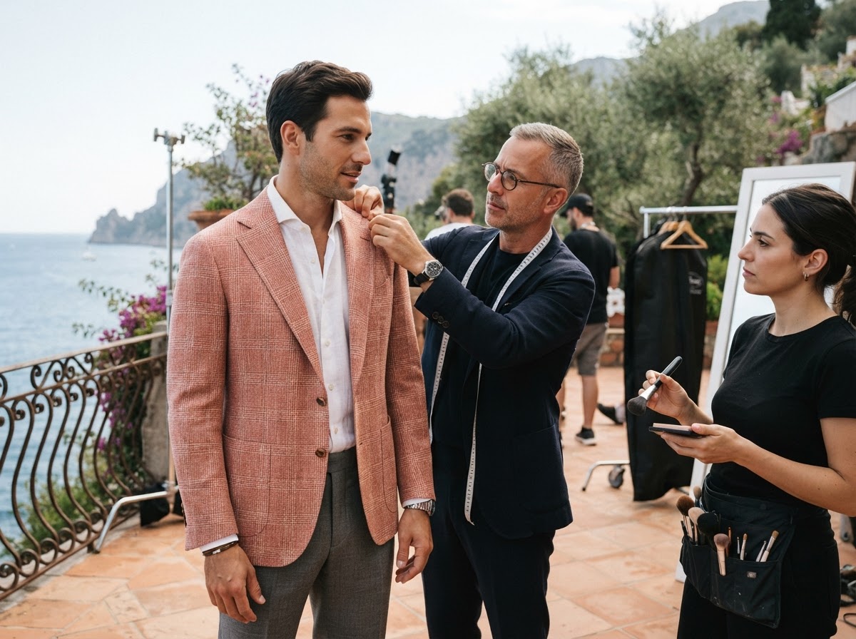 Brad Otto fitting the shoulder of a coral check sport coat with makeup artist touching up