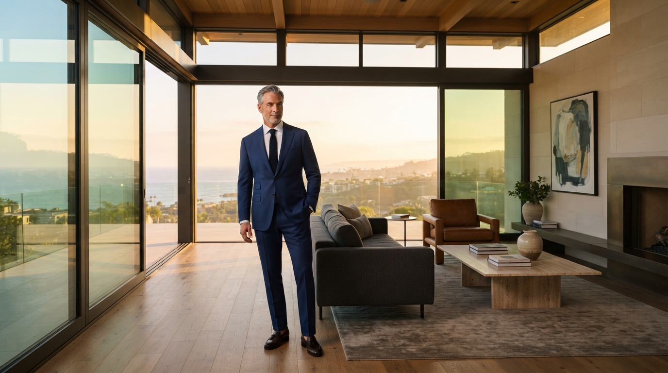 A distinguished man in a custom navy suit standing in a spacious Southern California home