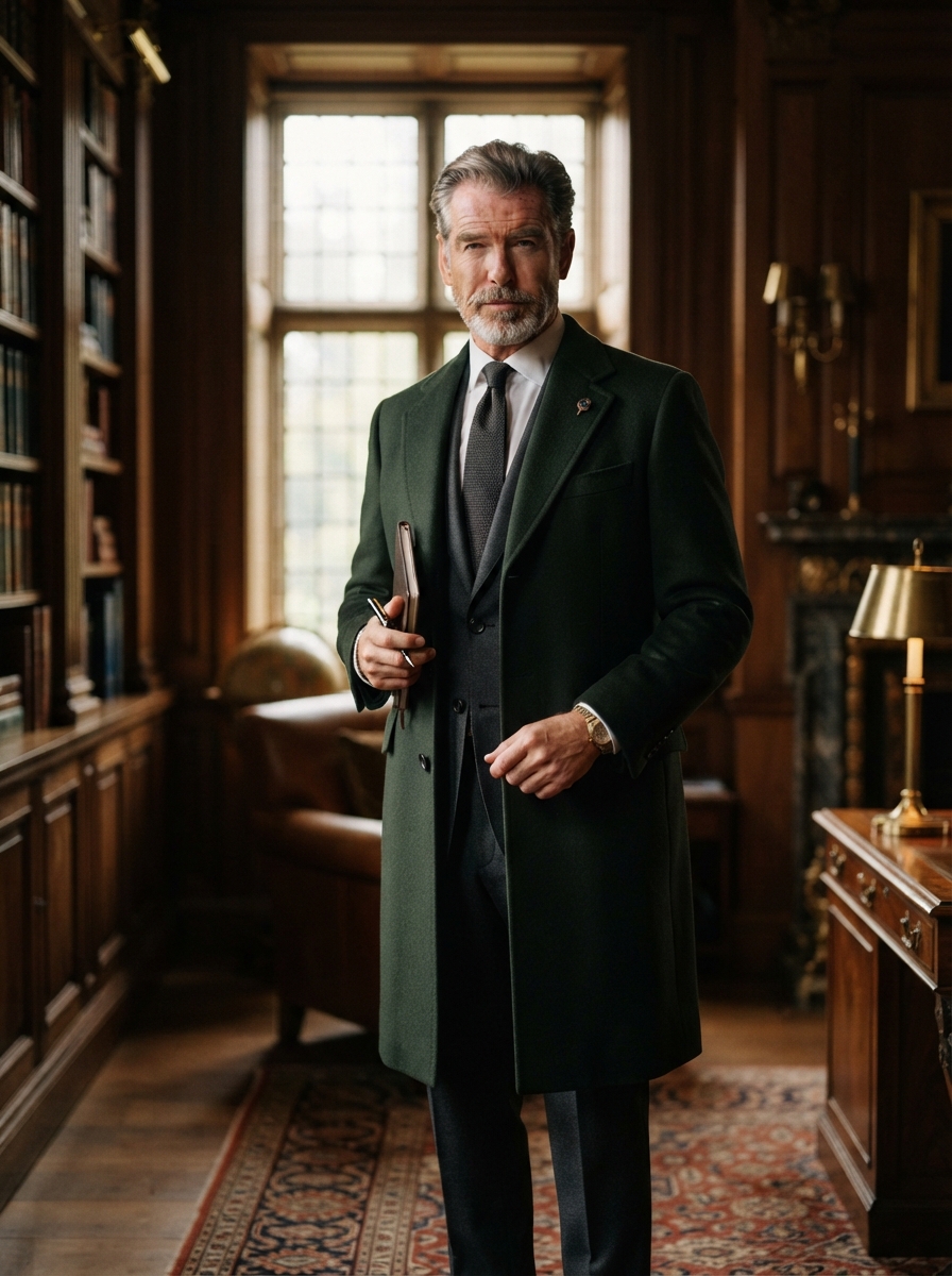 John Bradley Deep Forest Overcoat - A dark forest-green wool topcoat — commanding presence for executive meetings and evening events alike.