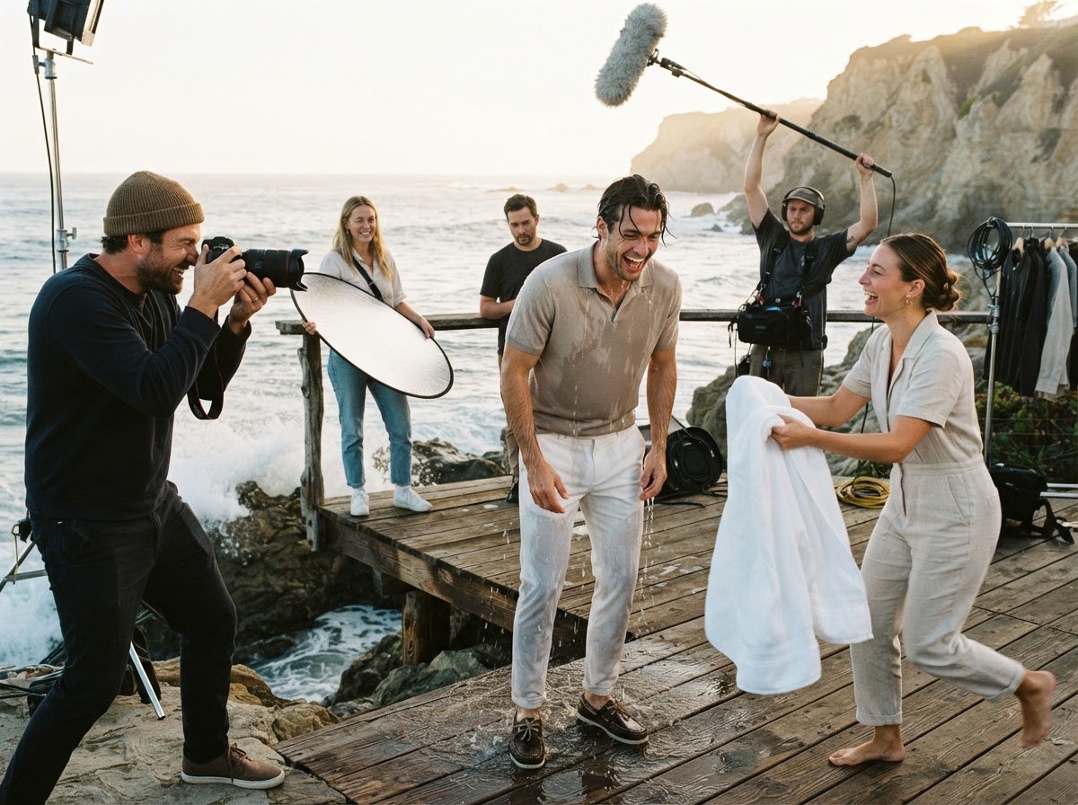 Model in knit polo splashed by a wave on a beach terrace