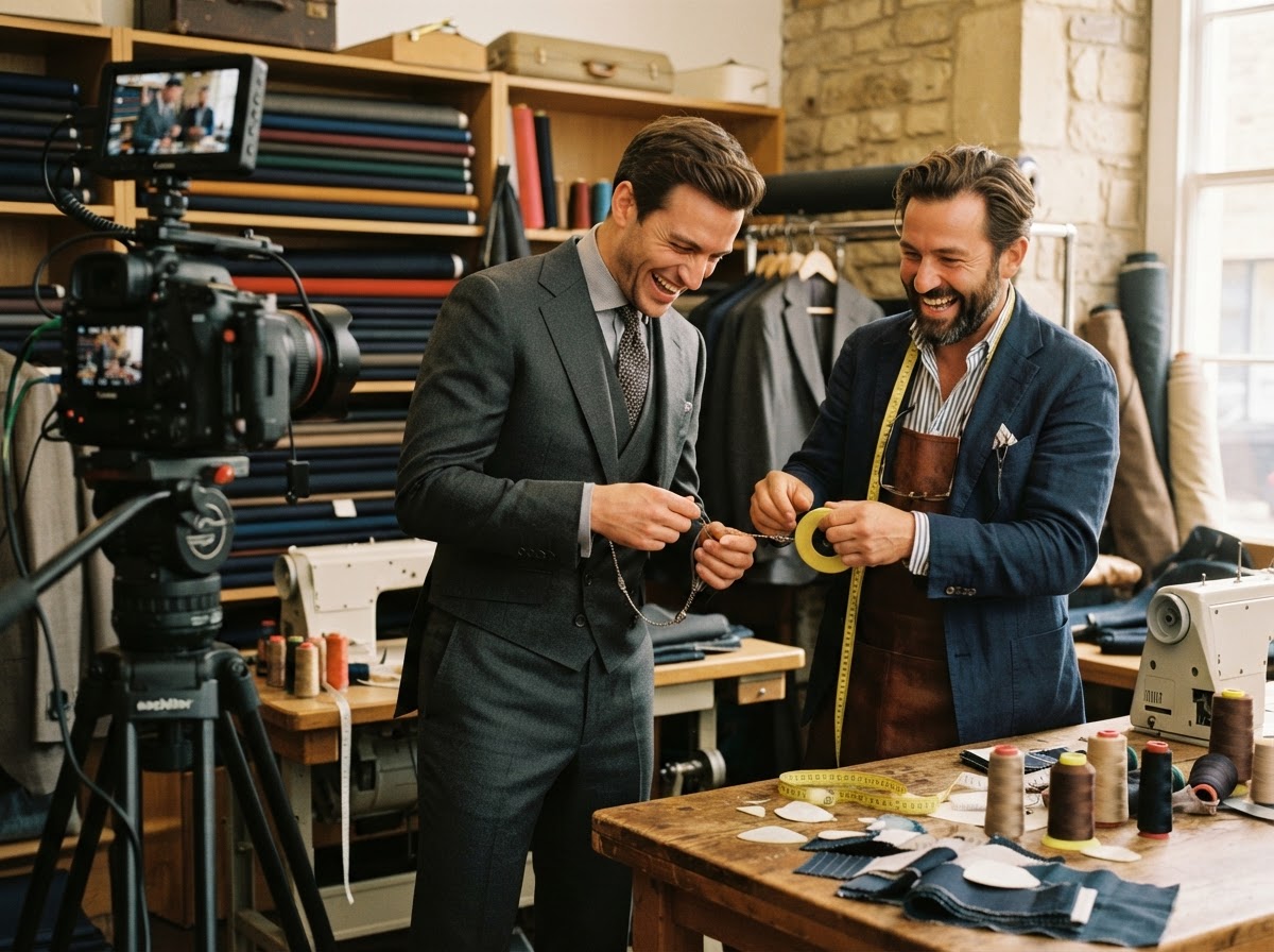 Model in three-piece suit with pocket watch chain tangled in measuring tape