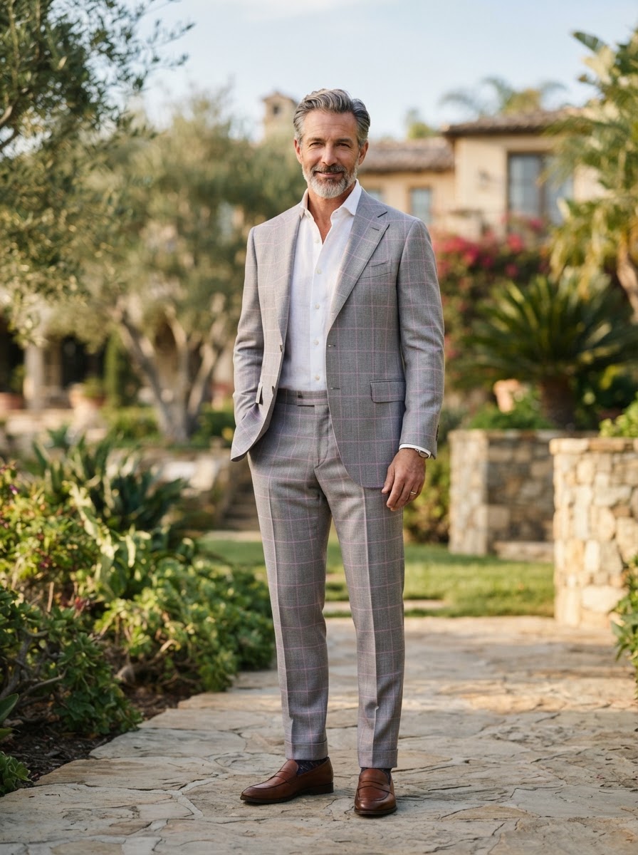 John Bradley Lavender Grey Windowpane - A refined light grey suit featuring an intricate pink and lavender windowpane pattern — sophisticated color play for the modern professional who appreciates subtle artistry in his tailoring.