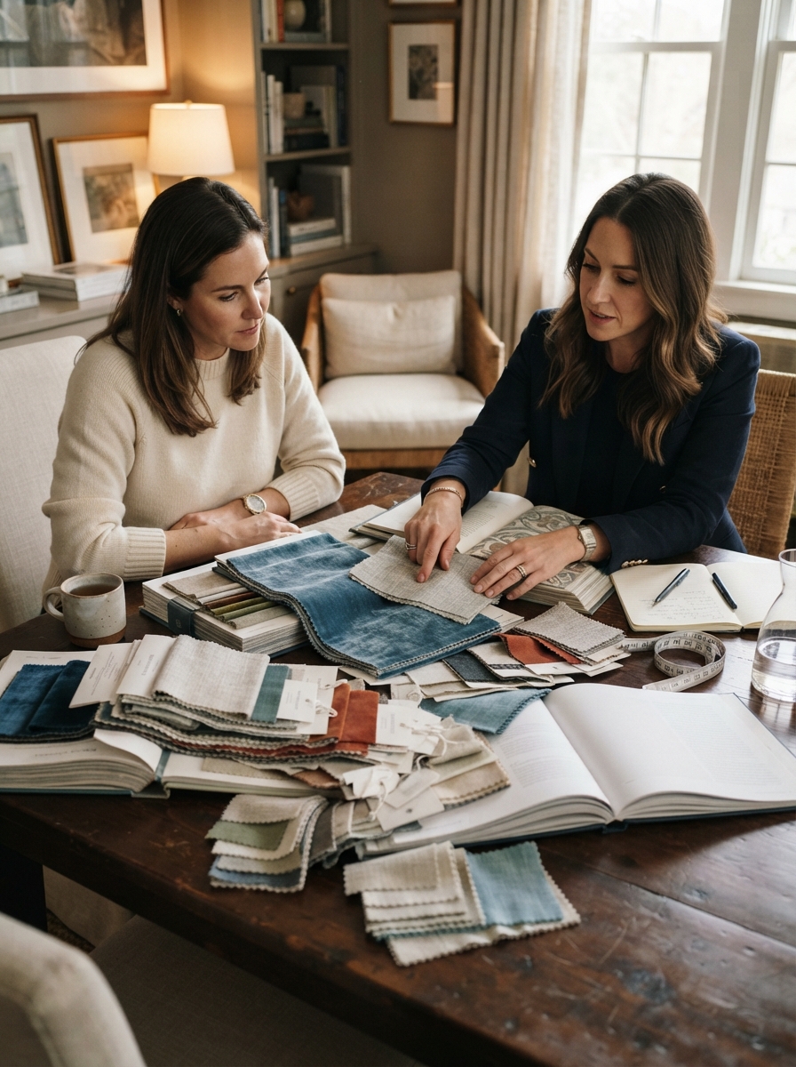 Open fabric books and swatch samples spread across a dark wood table during a private consultation