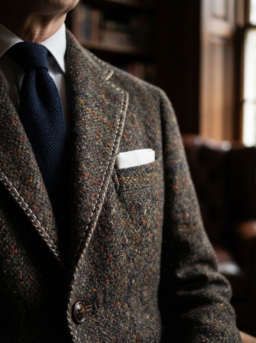 Donegal tweed sport coat fabric close-up with hand-stitched lapel detail