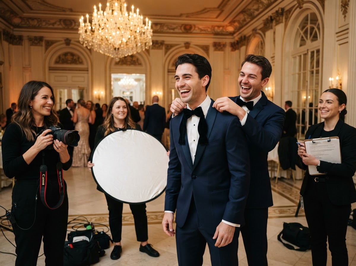 Groom in tuxedo with crooked bow tie laughing as best man tries to fix it