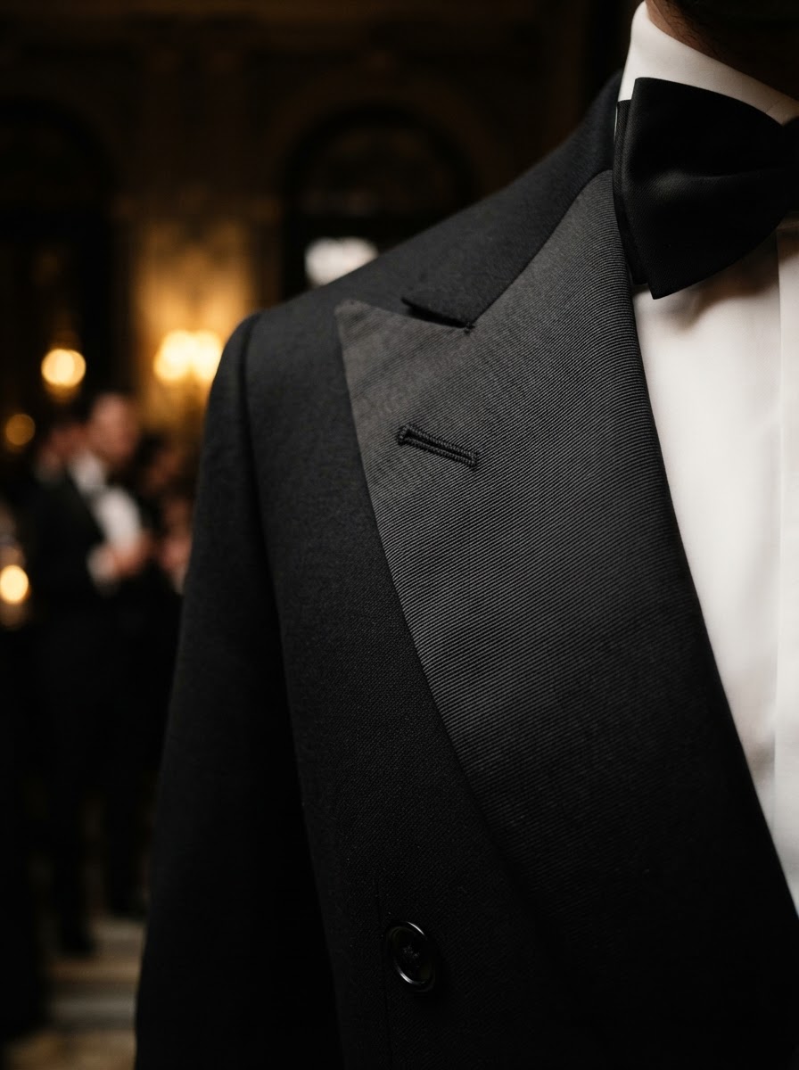 Black silk peak lapel on a tuxedo jacket with grosgrain facing and hand-stitched buttonhole