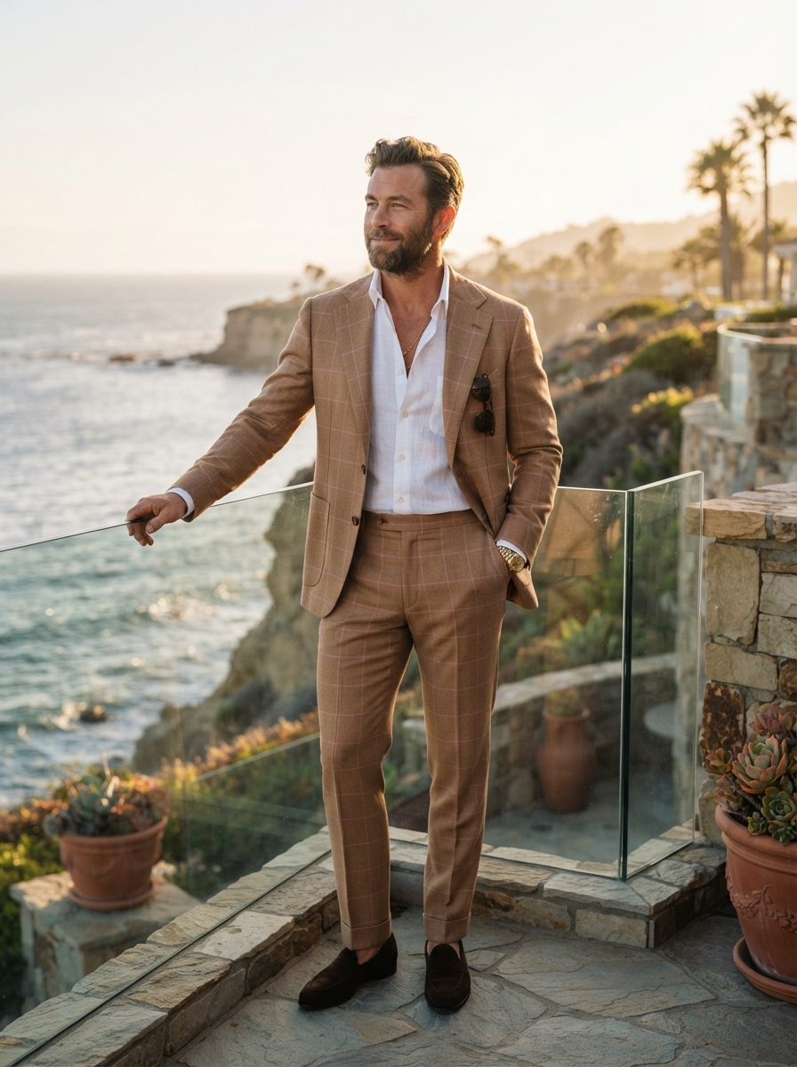 John Bradley Tan Pink Check - A warm tan suit with subtle pink check pattern for Southern California style.