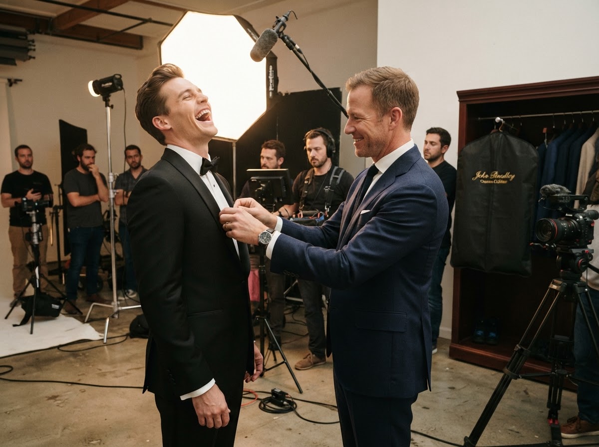 Brad Otto adjusting model's tuxedo lapel on set while model and crew laugh uncontrollably with John Bradley garment bag in background
