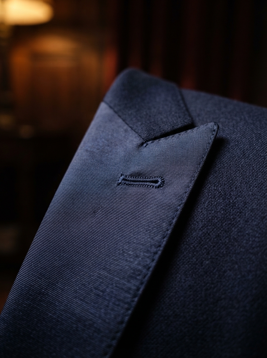 Midnight blue dinner jacket lapel with grosgrain silk facing and hand-stitched buttonhole