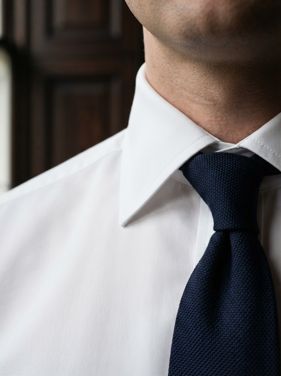 Custom dress shirt spread collar construction with mother-of-pearl buttons in fine Egyptian cotton