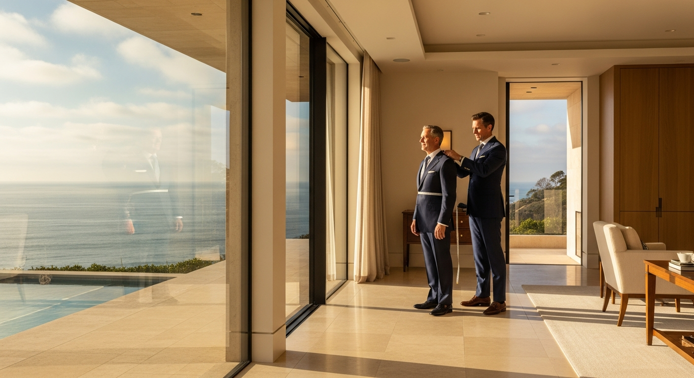 Private custom-clothing consultation in a coastal home