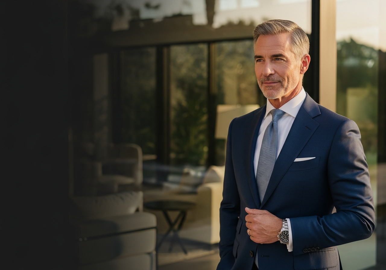 Successful man in a custom suit on iPad