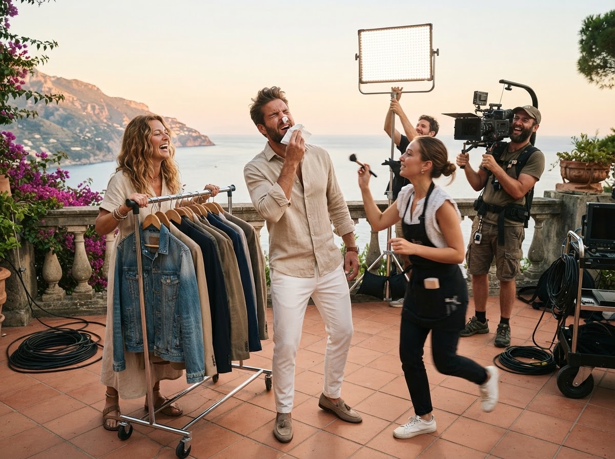 Model in linen shirt sneezing on a villa terrace as makeup artist rushes in
