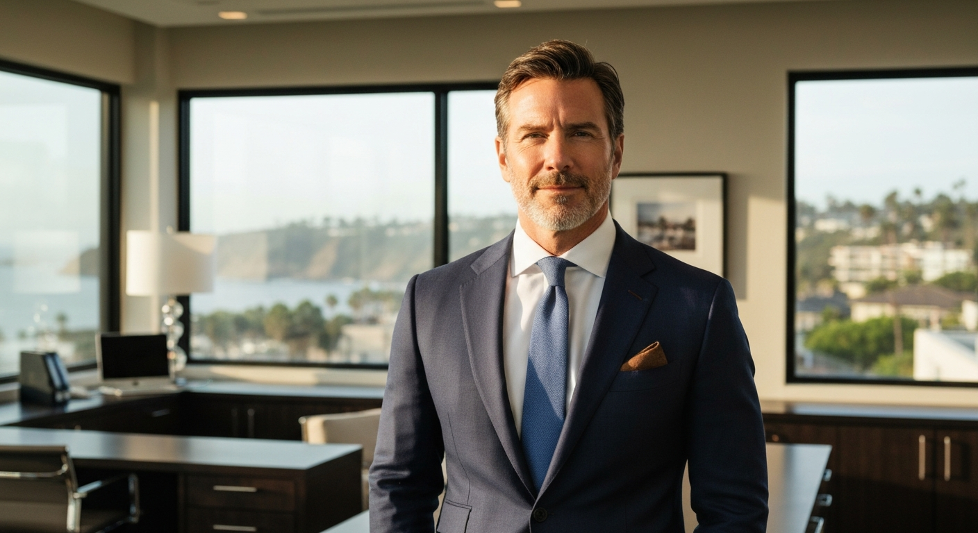 An anonymous professional wearing a beautifully fitted deep navy bespoke suit