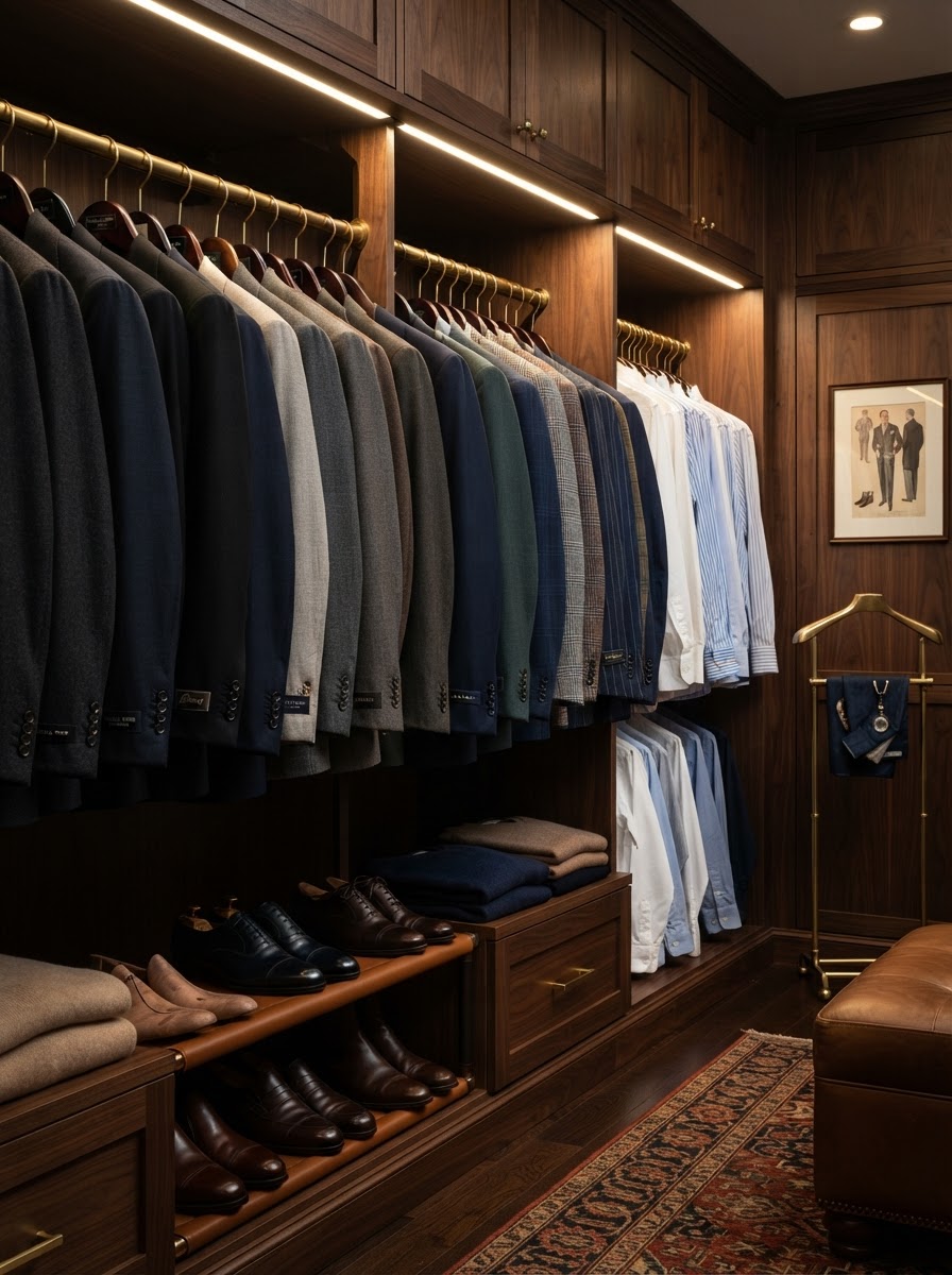 Coordinated wardrobe rack of custom suits, sport coats, and shirts arranged by color in a dark wood dressing room