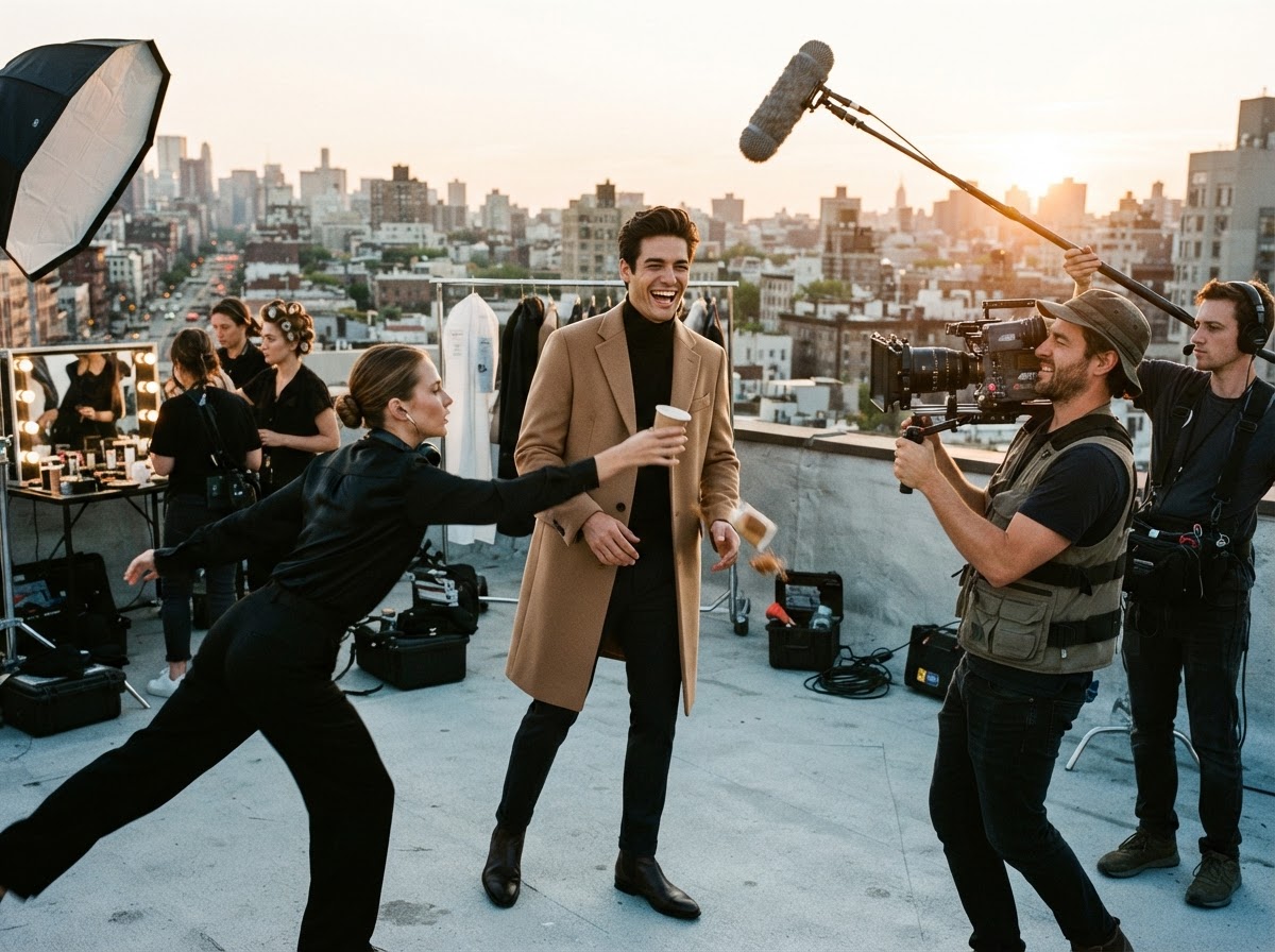 Model in camel overcoat laughing as coffee tips and stylist dives to catch it