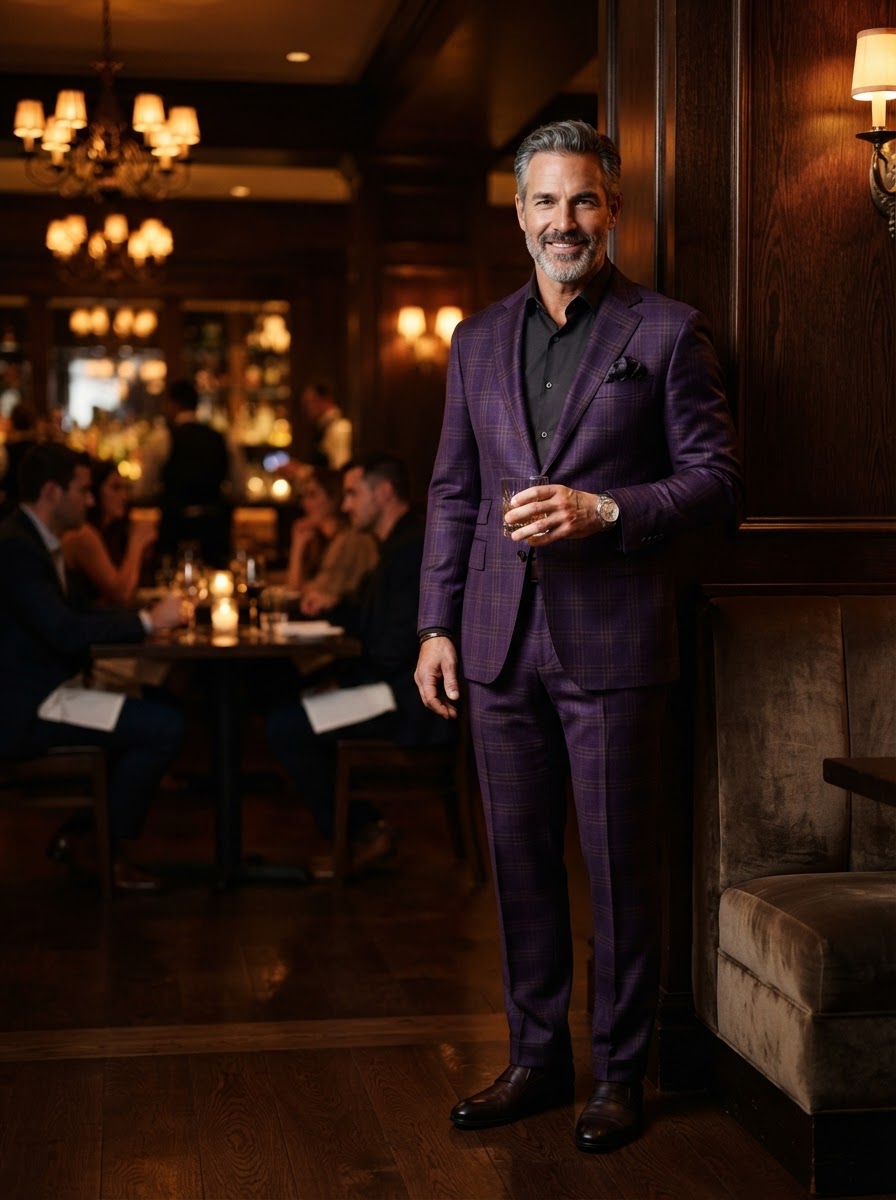 John Bradley Purple Plaid Statement - A deep purple plaid suit for the man who commands attention with refined confidence.