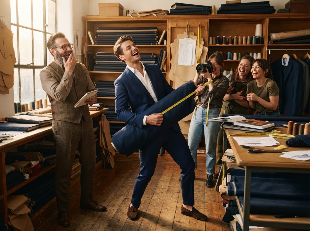 Model in navy suit pretending to play a fabric bolt like a guitar