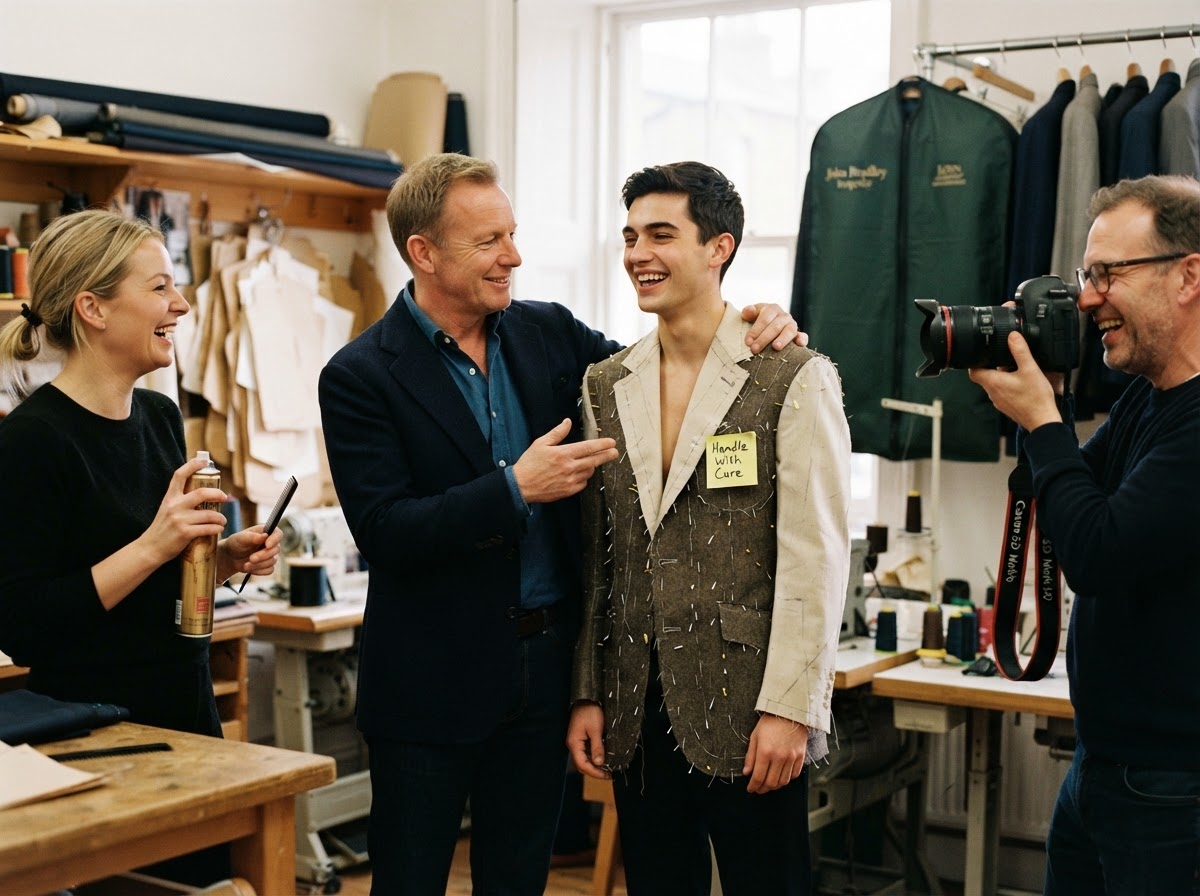 Brad Otto with arm around model in basted fitting canvas jacket with crew smiling and John Bradley garment bag