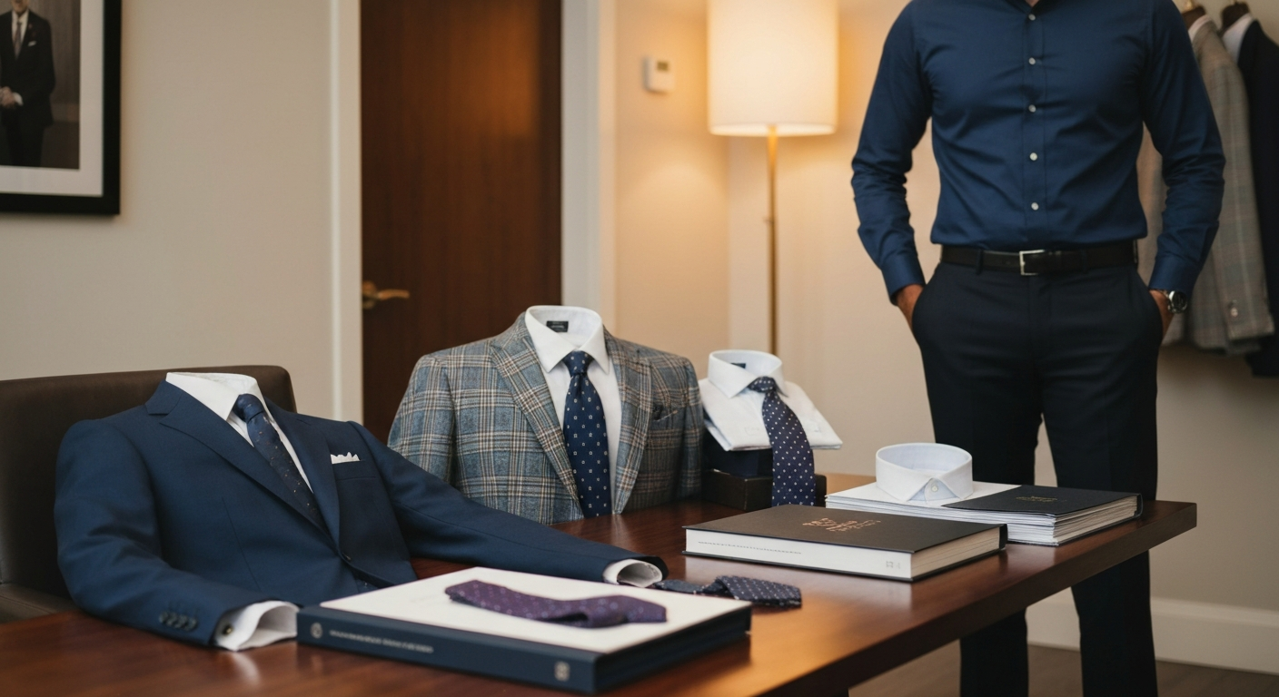 Coordinated garments and fabric books being thoughtfully reviewed