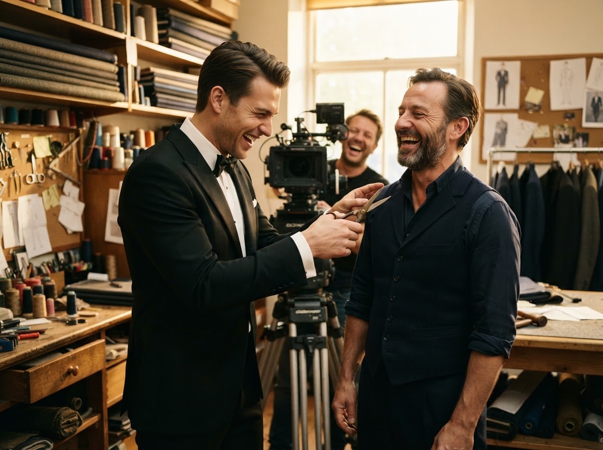 Model in tuxedo dramatically picking lint off the clothier's shoulder with tailor's scissors