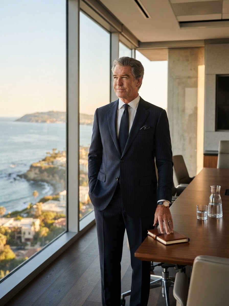 John Bradley Navy Pinstripe Authority - A dark navy pinstripe suit with refined vertical lines — the ultimate power suit for boardrooms and courtrooms.