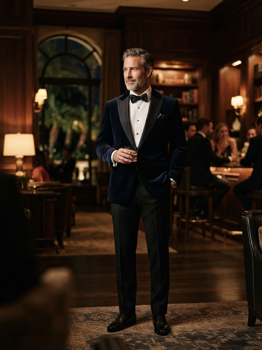 John Bradley Navy Velvet Dinner Jacket - A deep navy velvet dinner jacket with formal trousers and crisp evening shirt — a distinctive choice for celebrations and gala events.