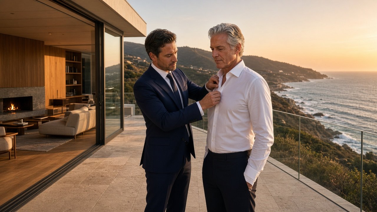Brad Otto adjusting a client's custom shirt on a coastal terrace during a private fitting
