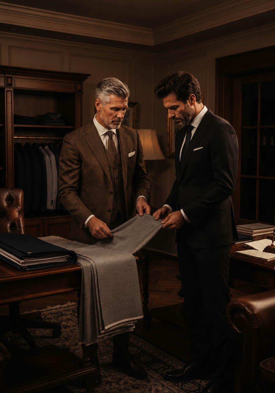 Master tailor and client examining suiting fabric in an elegant traditional tailor's office