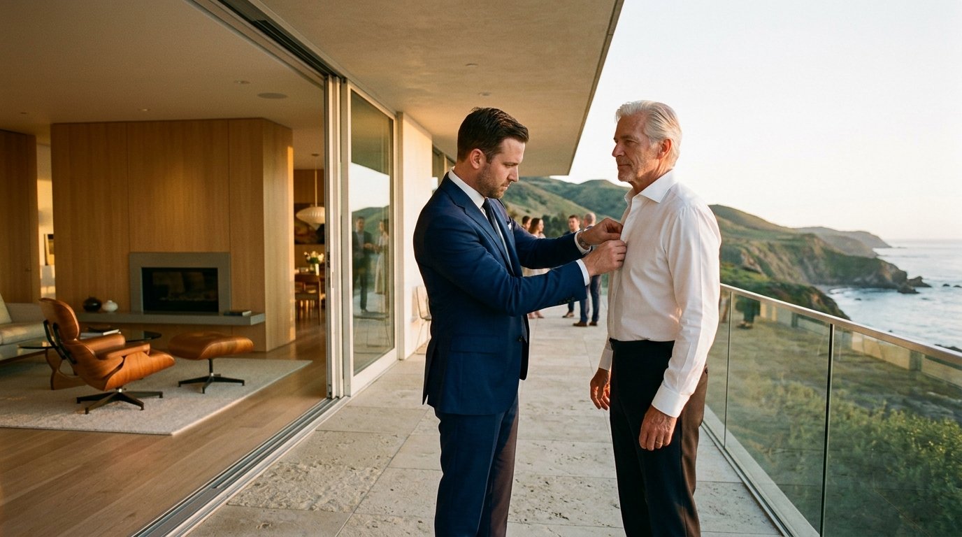 Brad Otto checking the collar and button alignment during a private fitting on an oceanfront terrace
