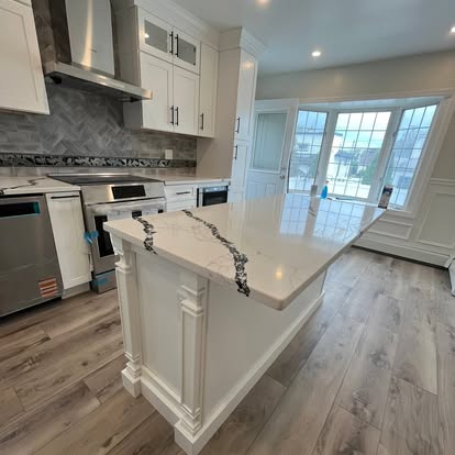 Kitchen island with quartz countertop