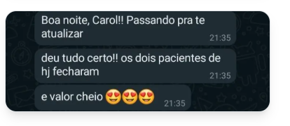 Depoimento — pacientes fecharam e valor cheio