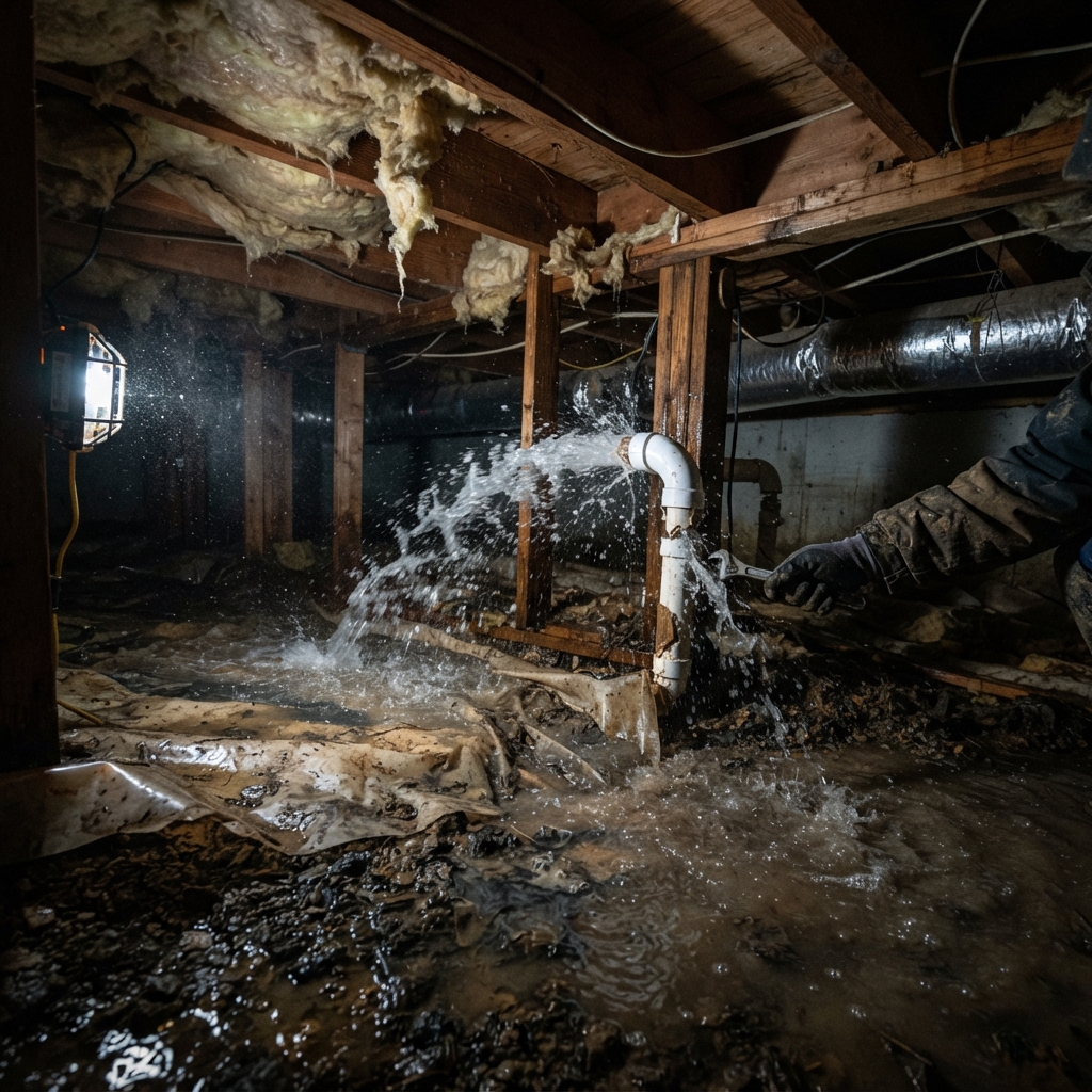 Busted water pipe flooding a residential crawl space — a common issue discovered during home inspections