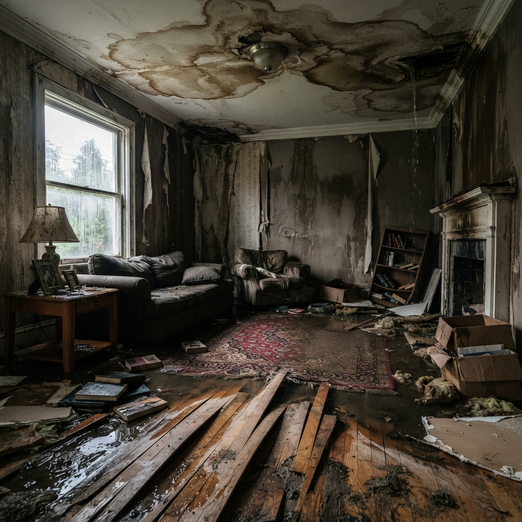 A once-beautiful home interior ruined by water damage
