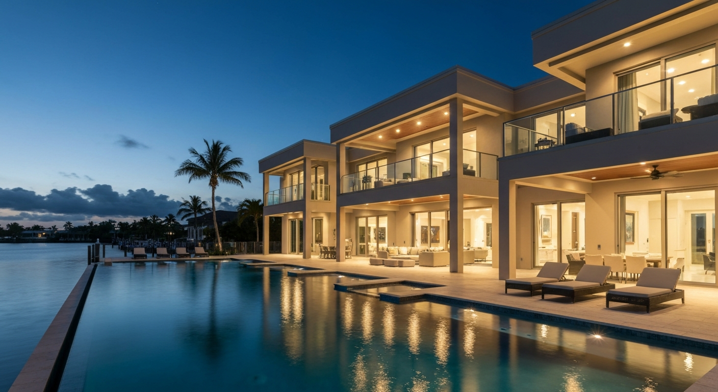 Luxury waterfront home in Treasure Coast, Florida, with pool and expansive outdoor living space.